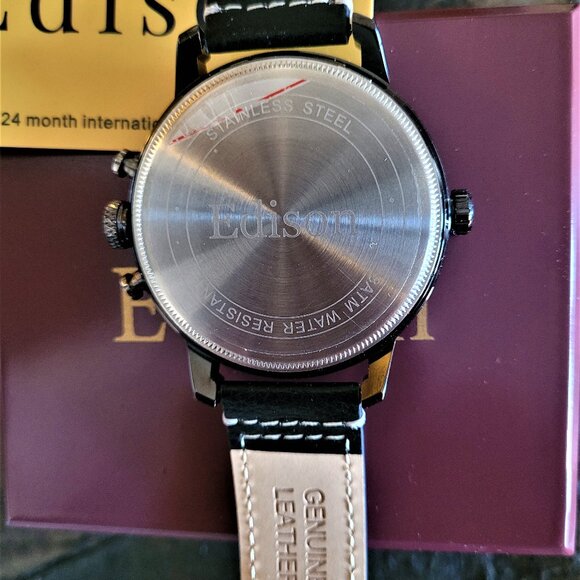 Edison Men's Oversized Dual Time Zone Black Leather Watch - Picture 5 of 6